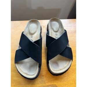 Cruz Ergonomic‎ Footbed Sandals Slides Black Cross Strap Size 38 Women's